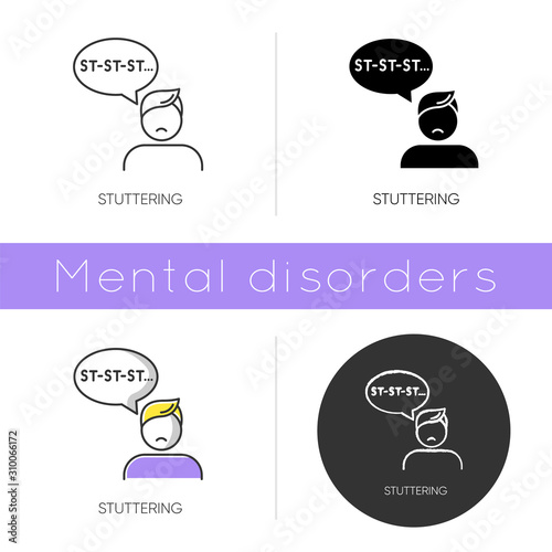 Stuttering icon. Speech problem. Repetition in talking. Sound and syllable prolongation. Oral communication issue. Mental disorder. Flat design, linear and color styles. Isolated vector illustrations