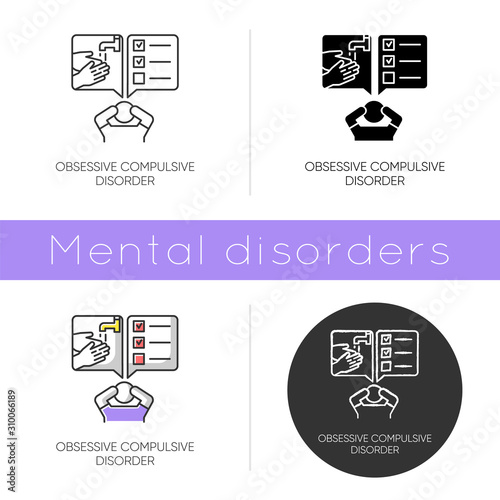 Obsessive-compulsive disorder icon. Disturbed man. Thinking under pressure. Stress and anxiety. Perfectionist. Mental health issues. Flat design, linear and color styles. Isolated vector illustrations