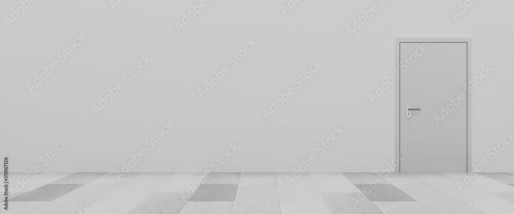 Empty white room with door and stone floor 3d illustration render - obrazy, fototapety, plakaty 