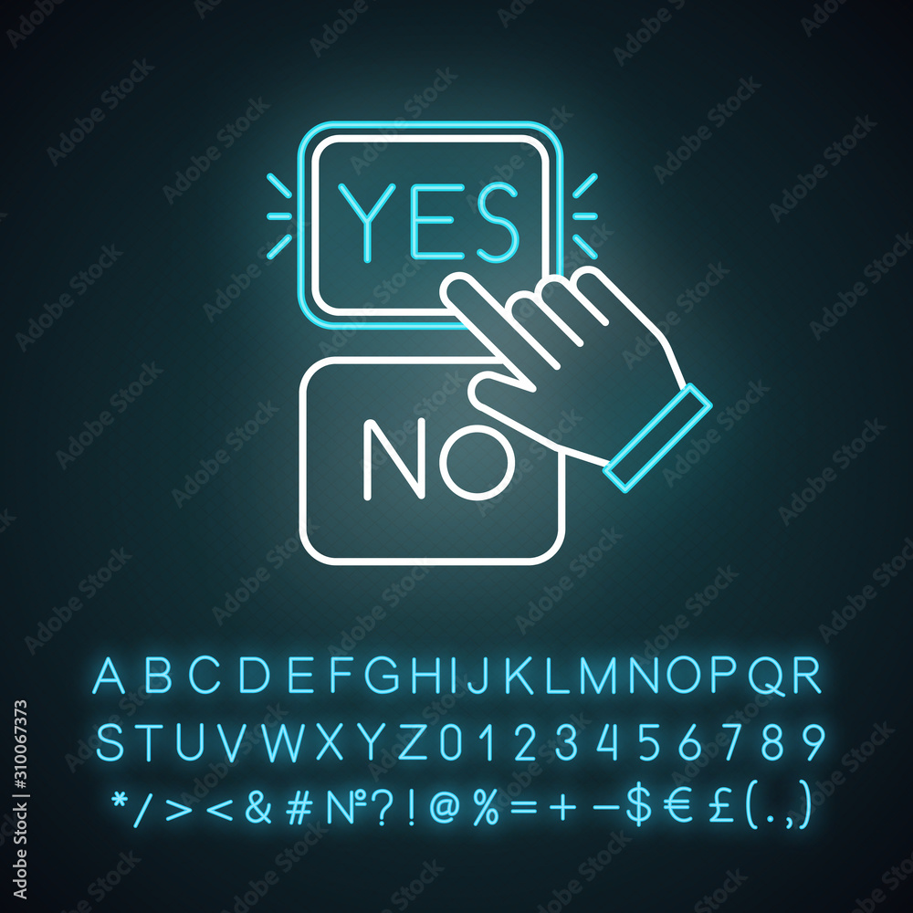 Choose option neon light icon. Yes and no buttons. Hand clicking option. Approve and disapprove. Picking answer. Confirm. Glowing sign with alphabet, numbers and symbols. Vector isolated illustration Choose option neon light icon. Yes and no buttons. Hand clicking option. Approve and disapprove. Picking answer. Confirm. Glowing sign with alphabet, numbers and symbols. Vector isolated illustration