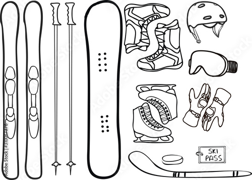 Winter sport icons set. Elements pack with ski, poles, snowboard, boots, helmet, glasses, ice skates, gloves, ski pass, hockey stick and puck. Outline objects isolated on white background.