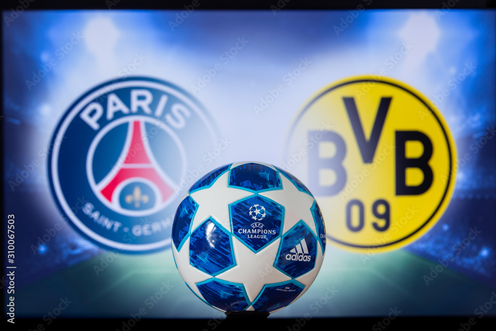 PARIS, FRANCE, DECEMBER. 16. 2019: Paris Saint-Germain (FRA) vs Borussia Dortmund (GER). Champions League 2020, Round of UCL football, Knockout stage, playoff, Adidas soccer 2020. foto de Stock | Adobe Stock