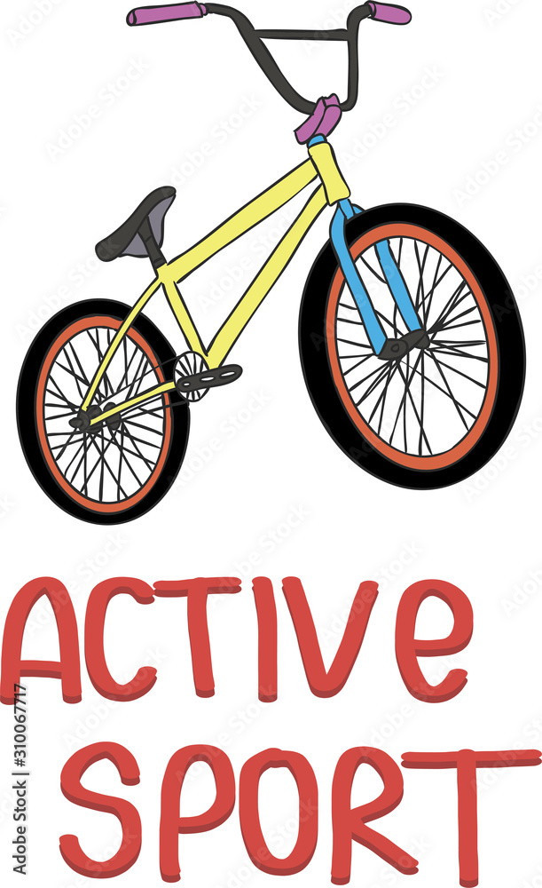 Summer activity poster. Active sport banner. Concept with bmx bicycle.  Extreme sports. Inscription for poster, booklet, flyer, promotions, advertising. Vector isolated on white background.