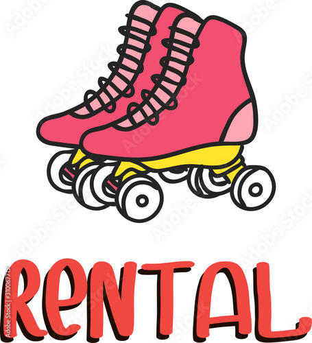 Vintage rollers skates rental point. Rental poster for summer business. Inscription for poster, booklet, banners, flyer, promotions, advertising. Vector isolated on white background.