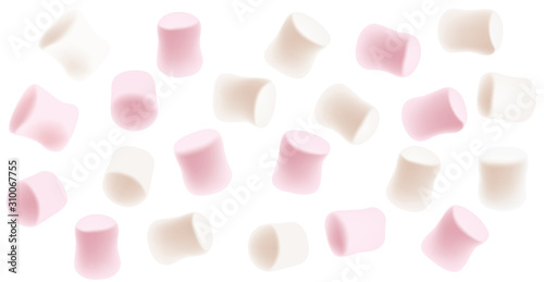 Marshmallow set. Tasty white and pink marshmallows isolated on white background. Marshmallow candy background.