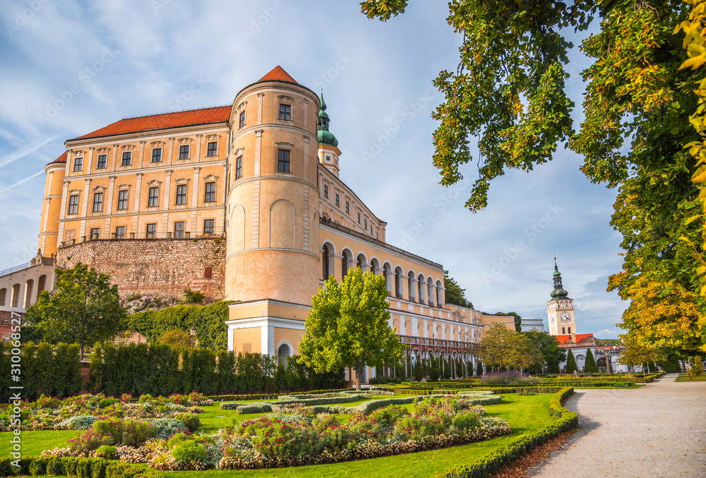 Mikulov Castle or Mikulov Chateau in Moravia, Czech Republic. View from Garden.