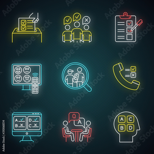 Survey methods neon light icons set. Telephone, online poll. Rating. Interview. Public opinion. Customer satisfaction, review. Feedback. Evaluation. Glowing signs. Vector isolated illustrations