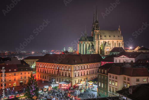 Old Town with Christmas Market and Cathedral of St. Peter and Paul in Brno, Czech Republic as Seen from City Hall Tower at Night © kaycco