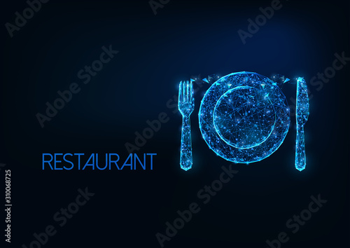 Futuristic restaurant business concept with glowing low polygonal silverware fork, knife and plate