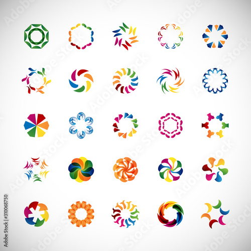 Abstract Circle Icon Set. Vector Isolated On Gray. Abstract Circular Logo For Company Symbol, Star, Tech Icon And Element Design. Creative Icons For Flower And Decorative Logo. Abstract Round Template