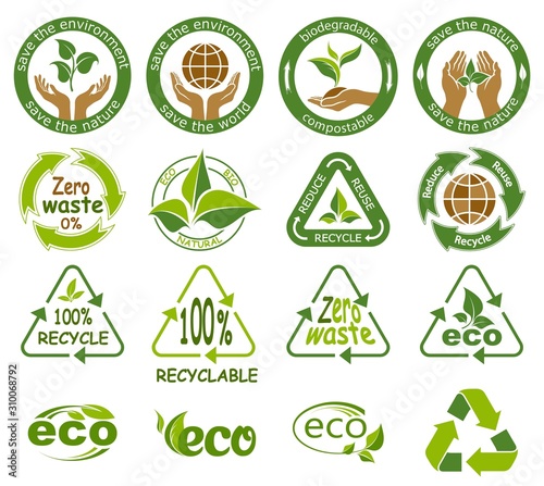 Ecology icons. Symbols of nature conservation and environmental protection. Reduce, reuse and recycle. Recyclable 100% and  Zero waste. Alternative ecological concept. Isolation.  Vector illustration