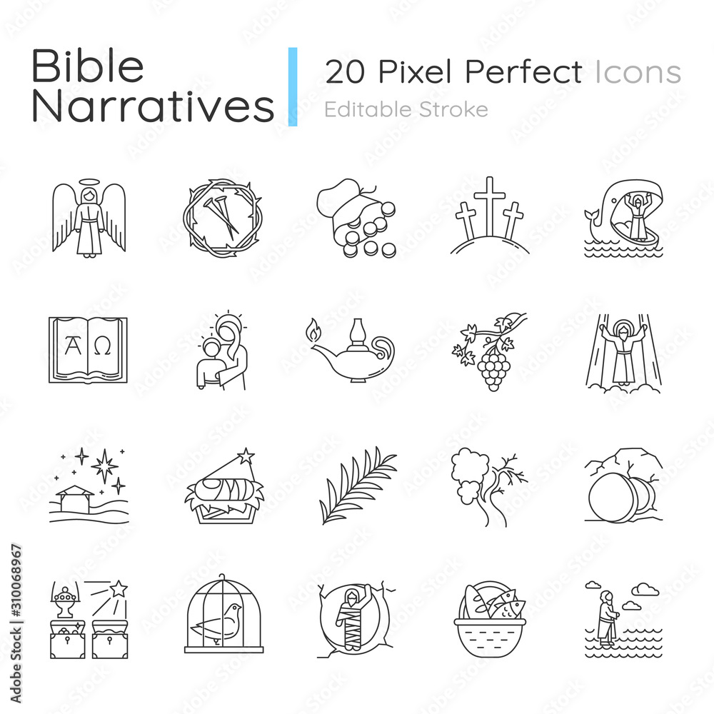 Bible narratives linear icons set. Life of Jesus Christ. Gospel miracles and parables. Legends of Holy Scriptures. Thin line contour symbols. Isolated vector outline illustrations. Editable stroke