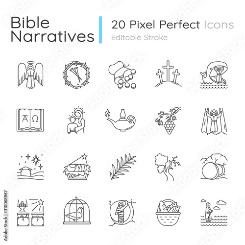 Bible narratives linear icons set. Life of Jesus Christ. Gospel miracles and parables. Legends of Holy Scriptures. Thin line contour symbols. Isolated vector outline illustrations. Editable stroke