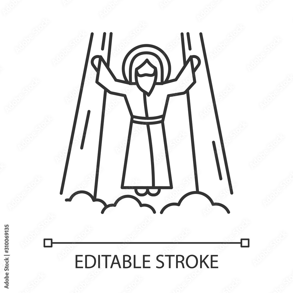 Ascension of Jesus Christ linear icon. Messiah, the son of god raising on cloud in light. Savior in heaven. Thin line illustration. Contour symbol. Vector isolated outline drawing. Editable stroke Ascension of Jesus Christ linear icon. Messiah, the son of god raising on cloud in light. Savior in heaven. Thin line illustration. Contour symbol. Vector isolated outline drawing. Editable stroke