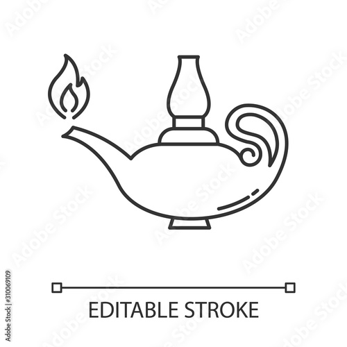 Lamp linear icon. Lit glowing ancient oil lantern. Bible spiritual symbol. Middle Eastern fairytale lamp. Thin line illustration. Contour symbol. Vector isolated outline drawing. Editable stroke