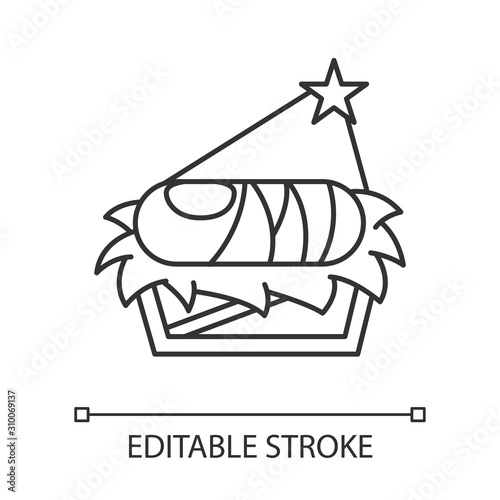 Nursery with baby Jesus linear icon. Holy infant in manger on straw under light of Bethlehem star. Christmas. Thin line illustration. Contour symbol. Vector isolated outline drawing. Editable stroke
