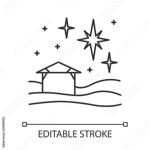 Christmas star linear icon. Christian holy night. Christmas eve. Starry sky and small house. Star of Bethlehem. Thin line illustration. Contour symbol. Vector isolated outline drawing. Editable stroke
