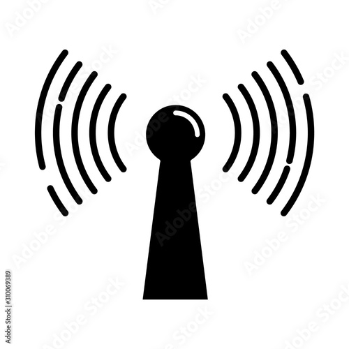 Radio signal glyph icon. Wireless connection. Sound waves, audio broadcasting. Hardware, equipment, technology. Coverage area. Silhouette symbol. Negative space. Vector isolated illustration