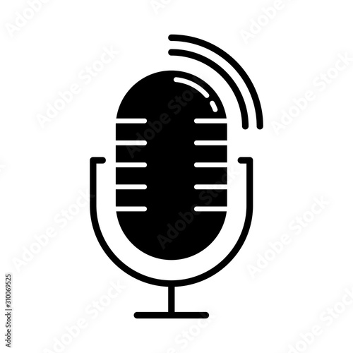 Dynamic microphone glyph icon. Mike recording sound. Portable voice recorder. Wireless musical mic, professional studio equipment. Silhouette symbol. Negative space. Vector isolated illustration