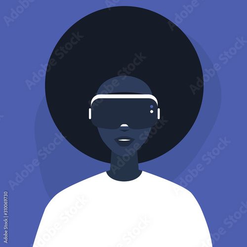 Young black female character wearing a virtual reality headset, Millennial gadgets and lifestyle