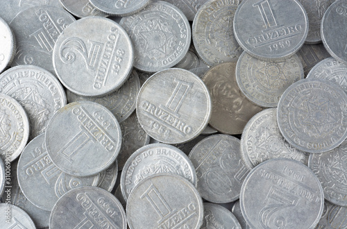 Top closeup view of old brazilian coins photo
