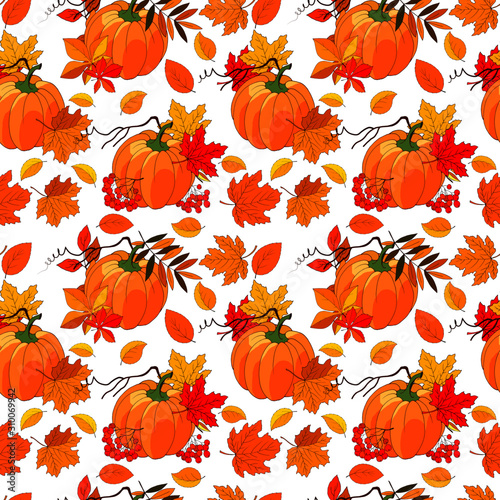 autumn seamless pattern with pumpkin, maple leaves and rowan