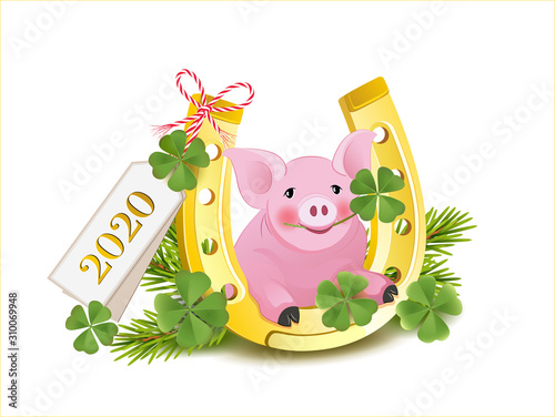 Silvester Karte 2020 mit Hufeisen, Glücks-Schwein, Kleeblätter und Tannenzweige, Silvester und Glücksbringer Karte, Vektor Illustration isoliert auf weißem Hintergrund