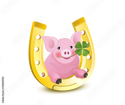 Karte mit Hufeisen, Glücks-Schwein und Kleeblatt, Silvester und Glücksbringer Karte, Vektor Illustration isoliert auf weißem Hintergrund