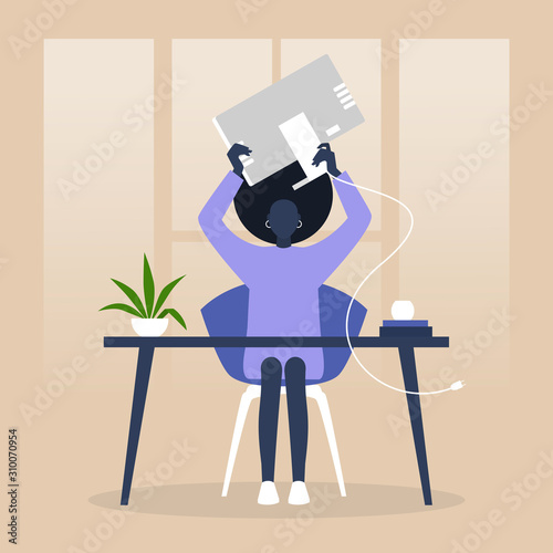 Mental breakdown, anger and despair, young black female character throwing a monitor, office life, stress at work