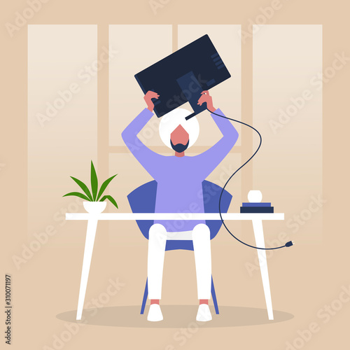 Mental breakdown, anger and despair, young indian male character throwing a monitor, office life, stress at work