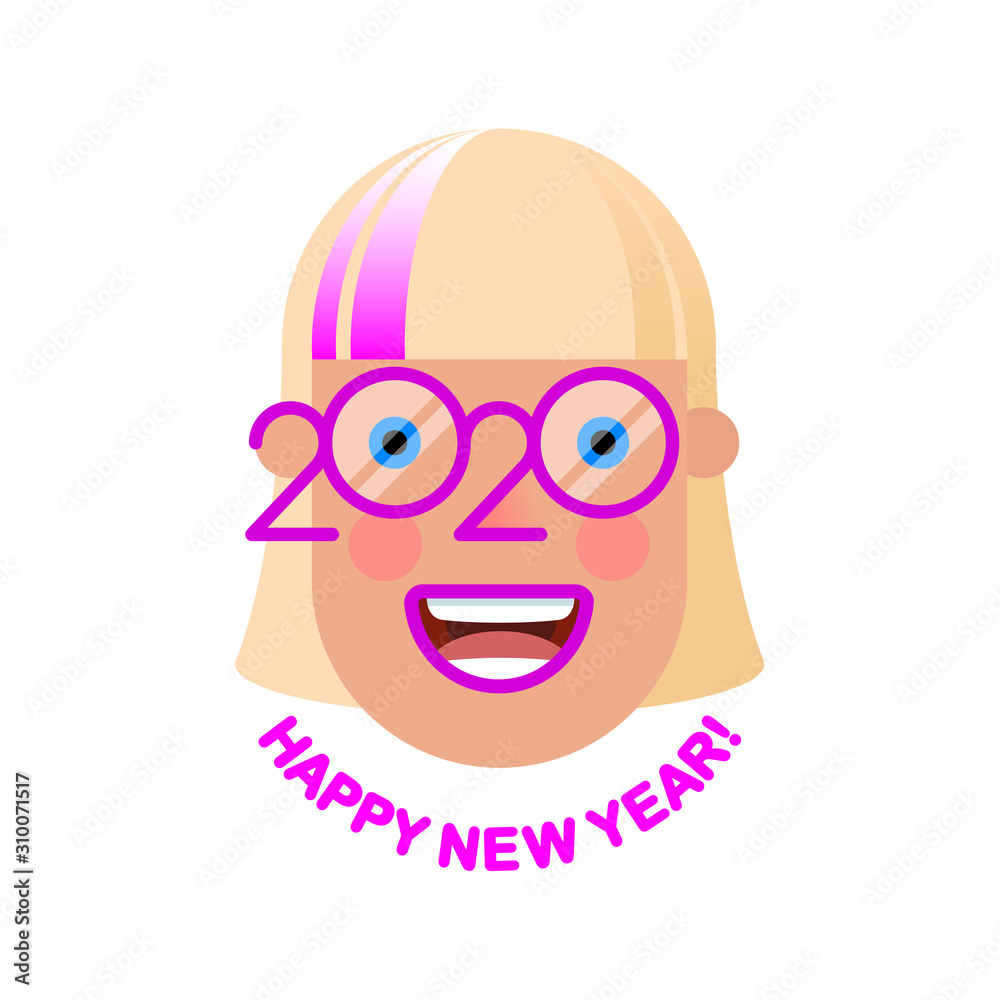 Cheerful smiling blonde girl with pink colored strand in glasses - a symbol of the upcoming 2020. Happy new year! Cheerful smiling blonde girl with pink colored strand in glasses - a symbol of the upcoming 2020. Happy new year!