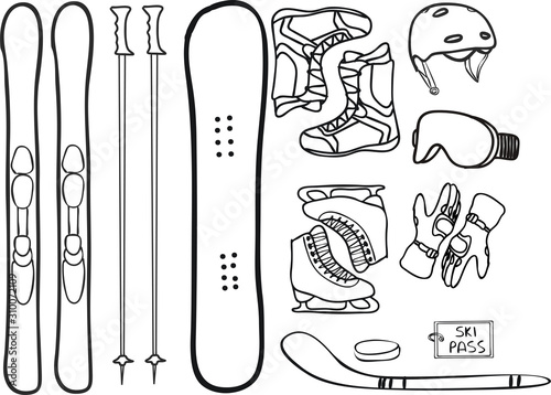 Winter sport icons set. Elements pack with ski, poles, snowboard, boots, helmet, glasses, ice skates, gloves, ski pass, hockey stick and puck. Outline objects isolated on white background.