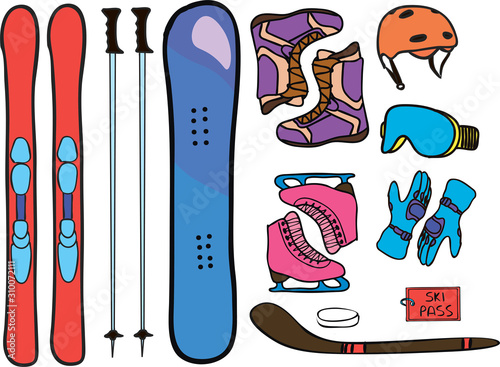 Wallpaper Mural Winter sport icons set. Elements pack with ski, poles, snowboard, boots, helmet, glasses, ice skates, gloves, ski pass, hockey stick and puck. Colorful objects isolated on white background. Torontodigital.ca