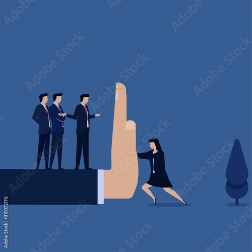 Business flat vector concept manager push woman with big hand metaphor of gender issues and discrimination.