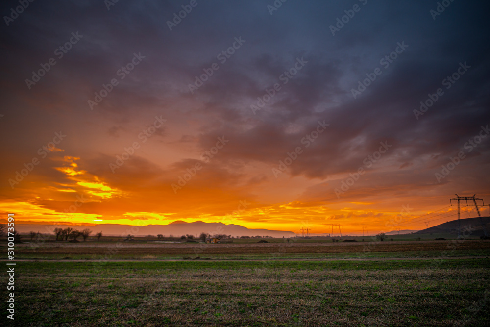 sunset over green field