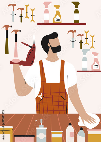 Front view of hardware store window. Repairman in a hardware shop. Flat vector illustration.