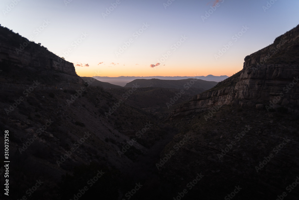Sunset, landscape view over mountains in southern New Mexico. 