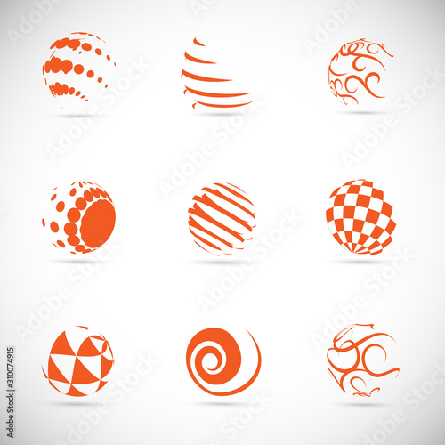 Abstract Globe Logo Set - Isolated On Gray - Vector Illustration. Abstract Globe Vector For Web Icon, Tech Logo And Element Design. 3D Orange Icons For Earth, Global, Globe, Planet And World Logo