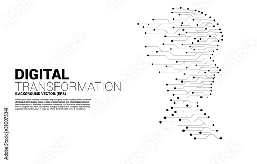 Vector silhouette of man head from dot connect line circuit board style . Concept background human future and technology