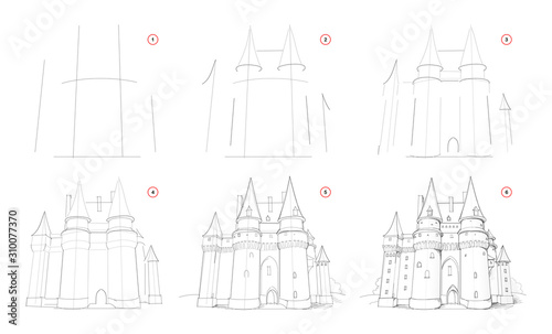 Creation pencil drawing. How to draw from nature step by step sketch of medieval knight castle. Educational page for artists. School textbook for developing artistic skills. Hand-drawn vector image.