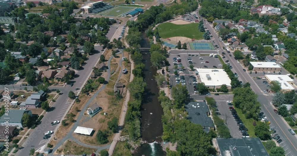 Drone aerial of town of Golden, Colorado and clear creek Drone aerial of town of Golden, Colorado and clear creek