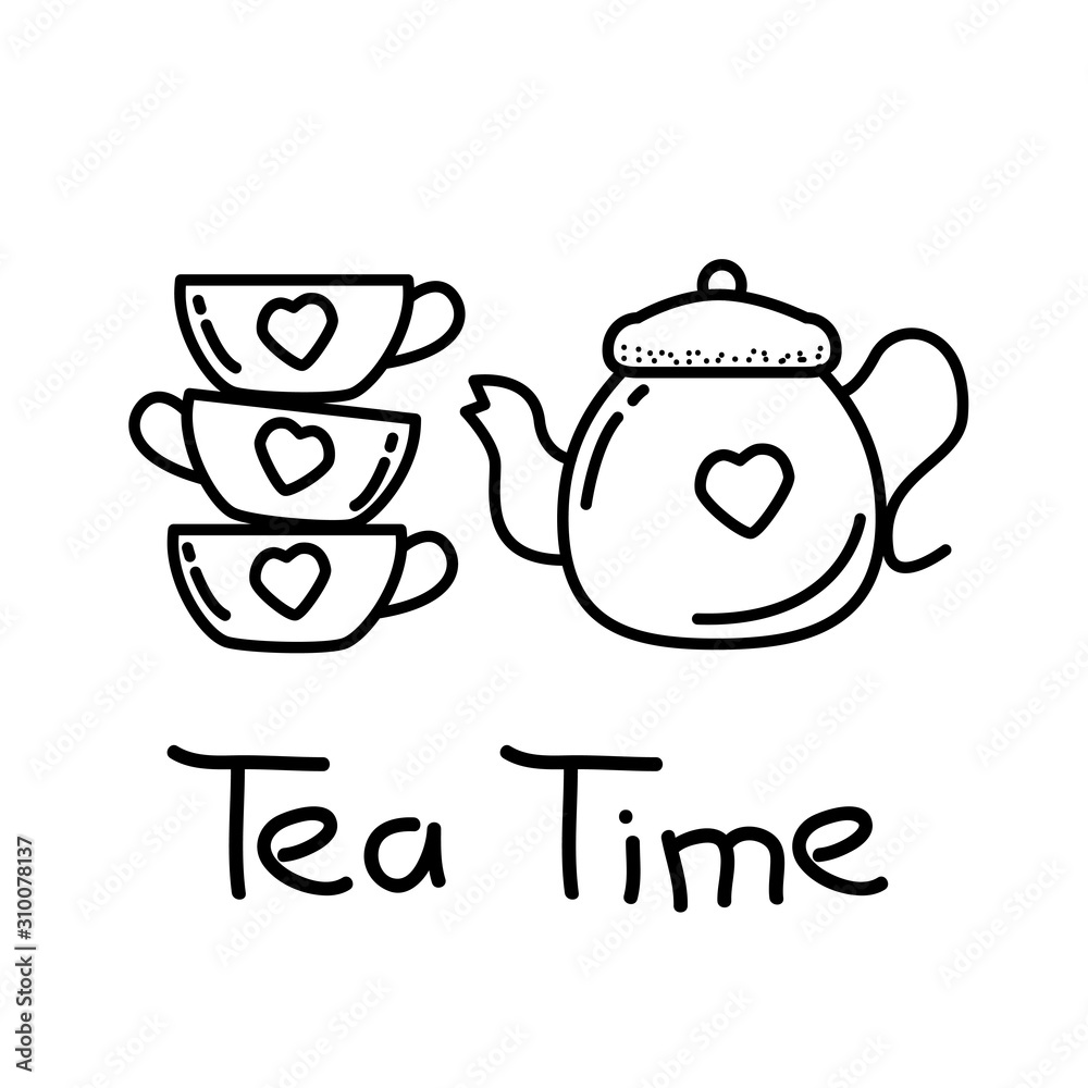 Teapot and cup vector illustration with hand drawn doodle style isolated on white background. Tea time doodle 