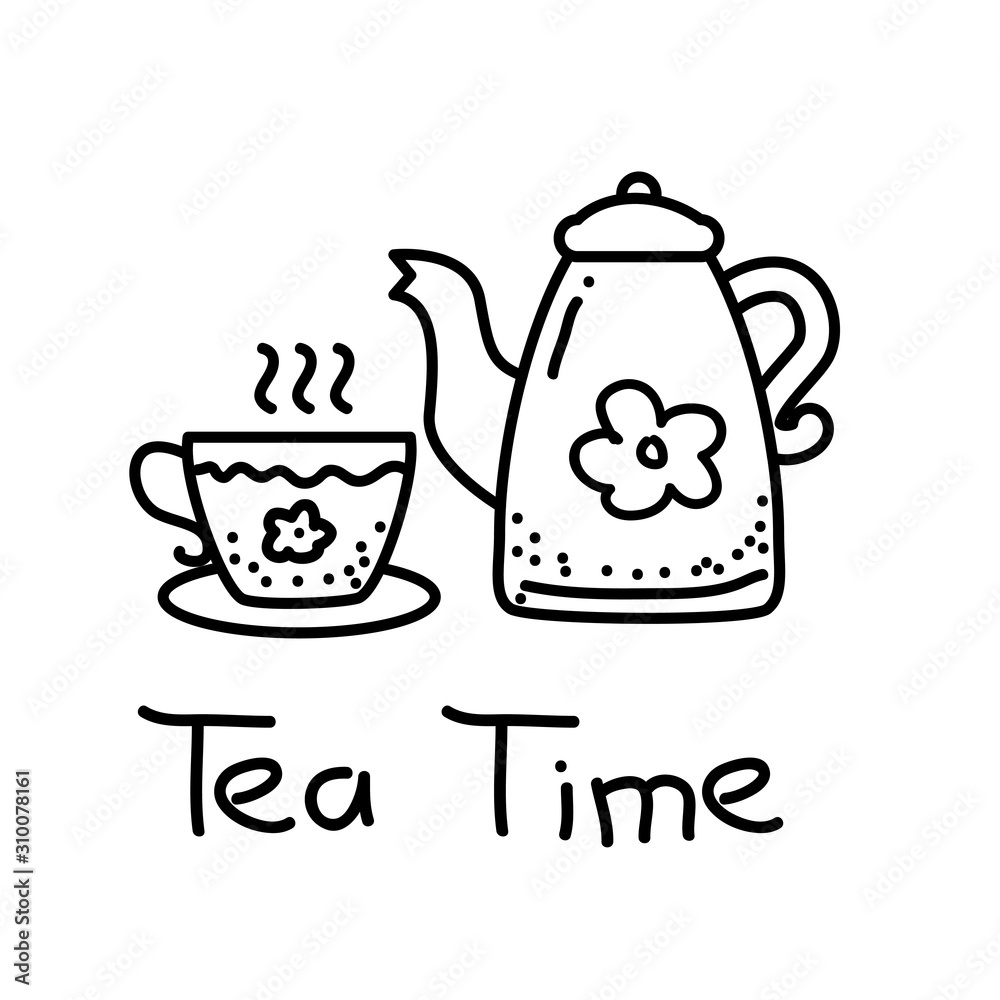 Teapot and cup vector illustration with black and white hand drawn style isolated on white background. Tea time doodle vector Teapot and cup vector illustration with black and white hand drawn style isolated on white background. Tea time doodle vector