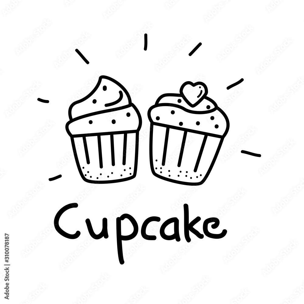 Cupcake vector illustration with black and white hand drawn style isolated on white background. Cupcake doodle 