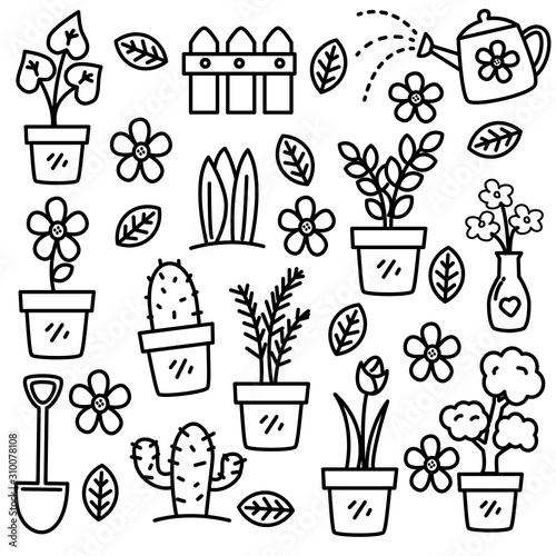 Set of houseplant doodle vector illustration with hand drawn style. Flower and plant doodle background 