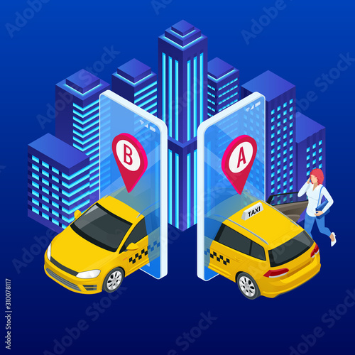 Taxi service. Mobile phone with taxi app on city background. Online mobile taxi order service app. Isometric taxi yellow cab and GPS route point pins on smartphone and touchscreen