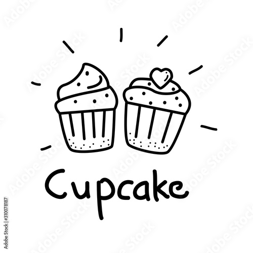 Cupcake vector illustration with black and white hand drawn style isolated on white background. Cupcake doodle 