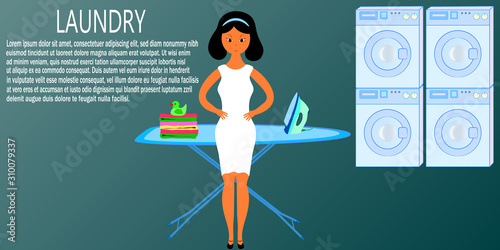 laundry service banner. vector illustration. woman with iron and Ironing Board vector illustration.