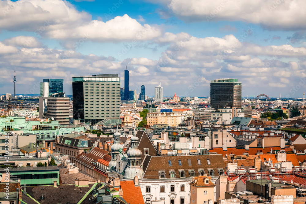 Panoramic view of old town and modern skyscrapers in Vienna, Austria.