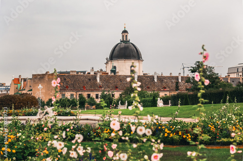 Beautiful Palace Gardens in Lower Belvedere and Salesianer church in Vienna, Austria. View of Monastery of the Salesian nuns.